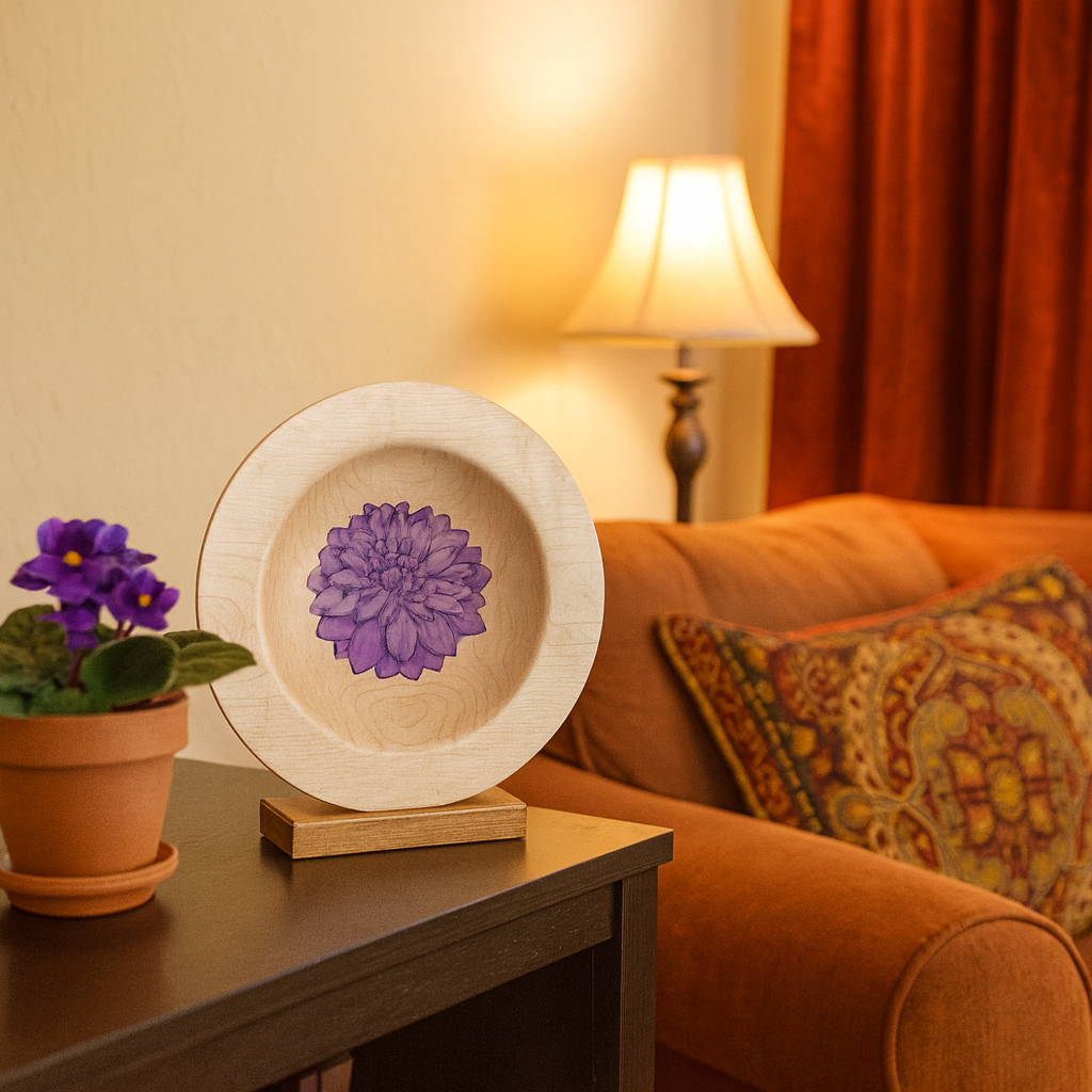 Purple flower on a maple platter