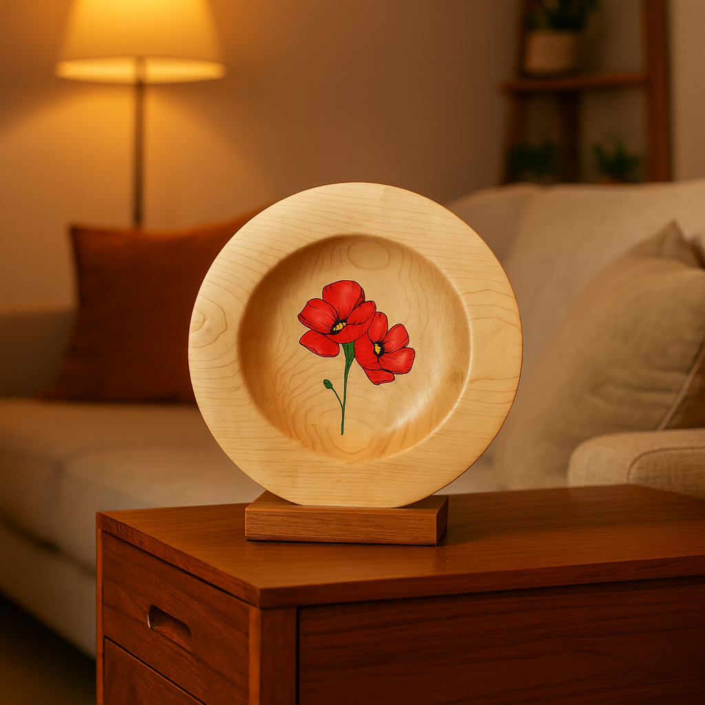 Platter with an airbrushed two red poppy flowers