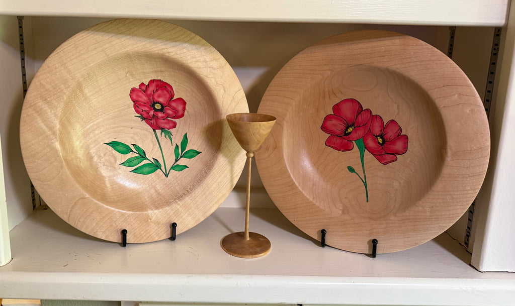 Maple Platter with  single red poppy flower
