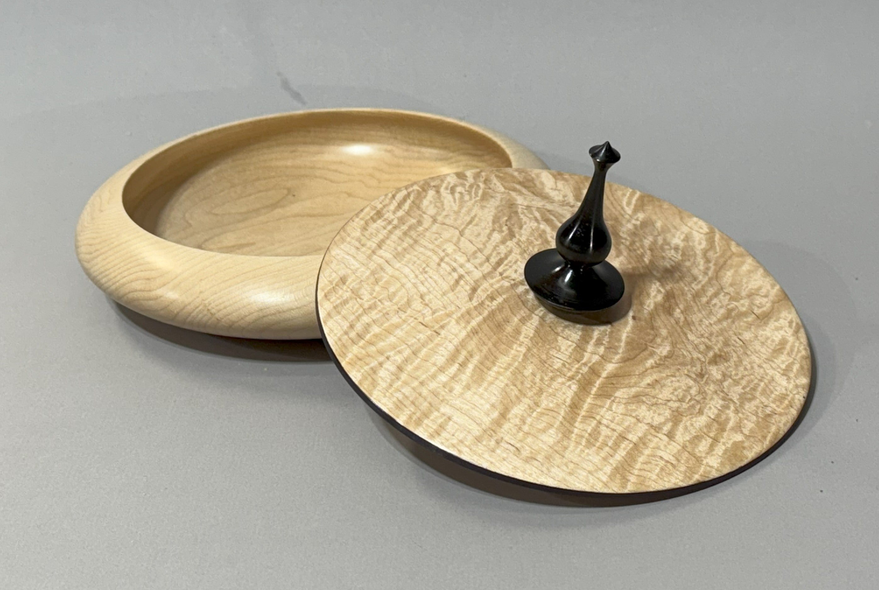 Maple Bowl with a highly figured lid and Ebony Finial
