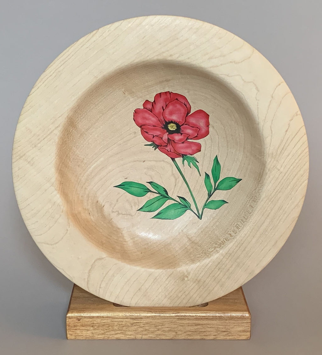 Maple Platter with  single red poppy flower