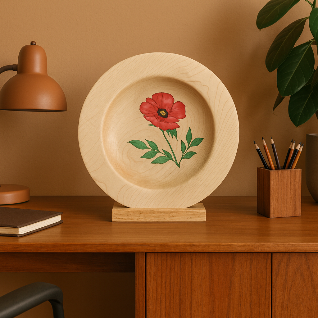 Maple Platter with  single red poppy flower