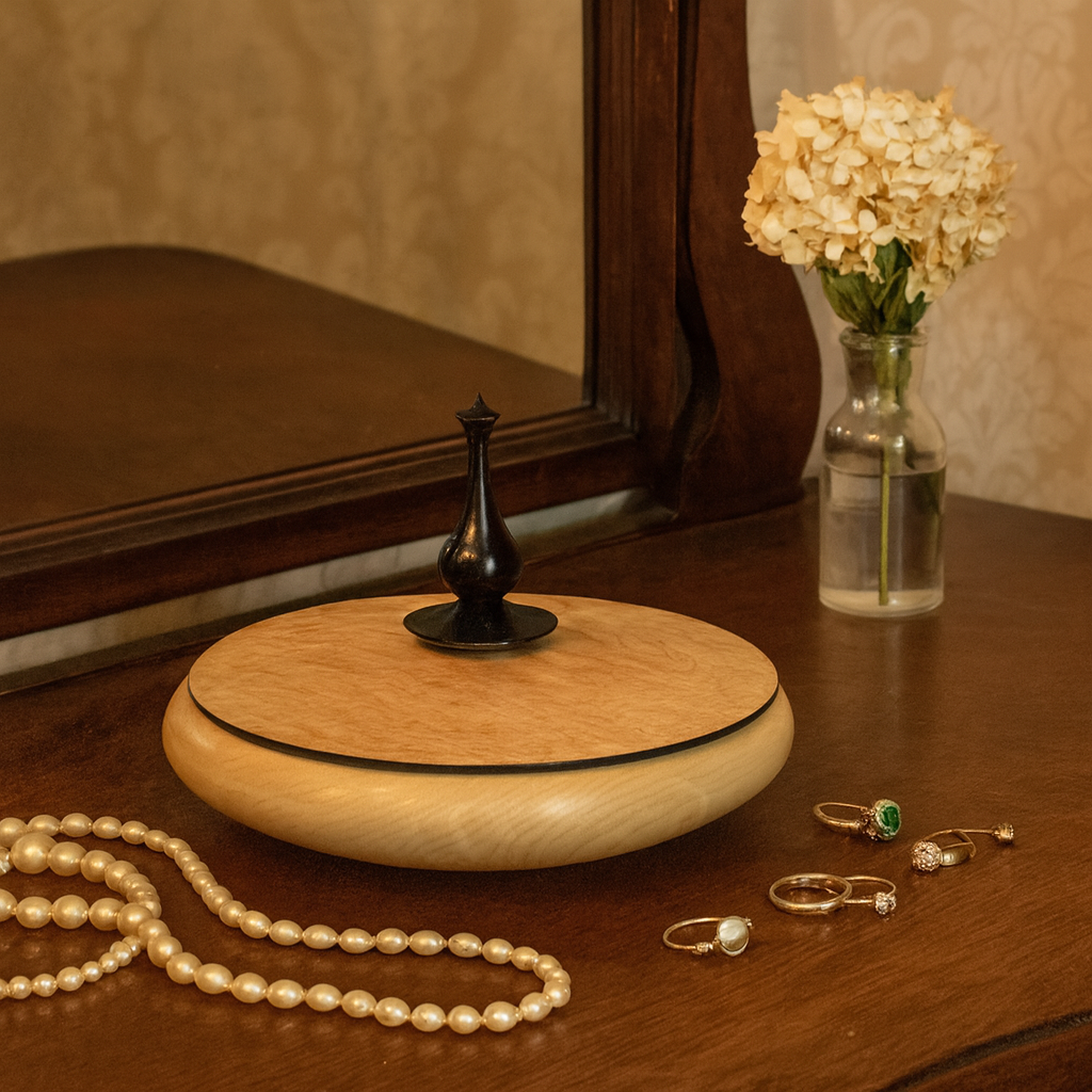 Maple Bowl with a highly figured lid and Ebony Finial